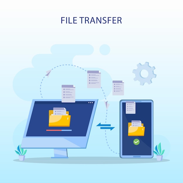 Vettore concetto di trasferimento file backup dati tecnologia cloud caricare e scaricare modello vettoriale piatto
