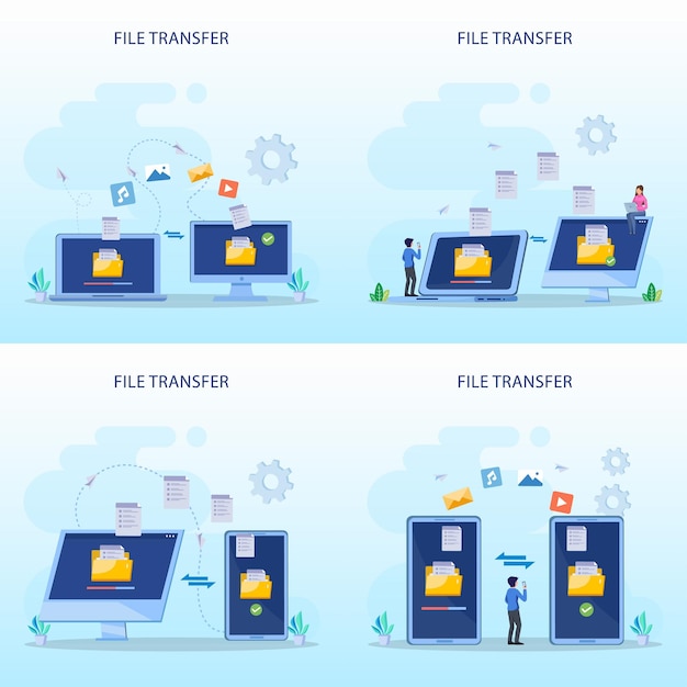 File transfer concept backup data technology cloud upload and download flat vector template