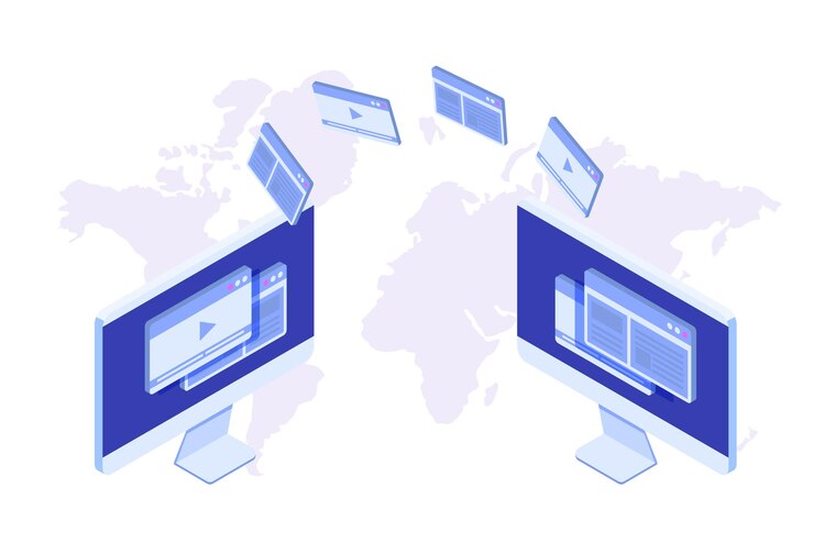 Vector file transfer on desktop isometric concept. syncing, cloud technology.