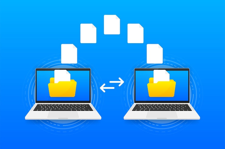 Vector file transfer encrypted form. concept for remote connection between two computers. cloud concept based. vector illustration.