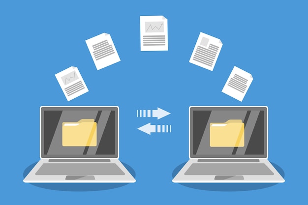 File transfer between laptop computers. copy files, exchange data and document transfer through internet. modern technology concept.   illustration