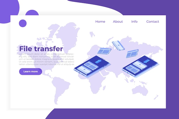 Vector file transfer on smartphone isometric concept.  syncing, cloud technology.