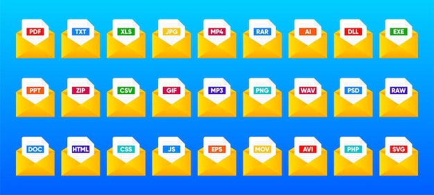 File Type icon set Popular files format and document Format and extension of documents Set of graphic templates audio video image system archive code and document file Vector illustration