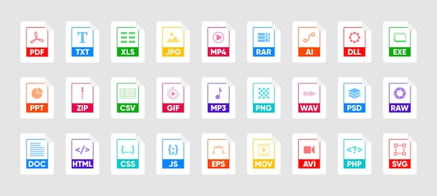 File Type icon set Popular files format and document Format and extension of documents Set of graphic templates audio video image system archive code and document file Vector illustration