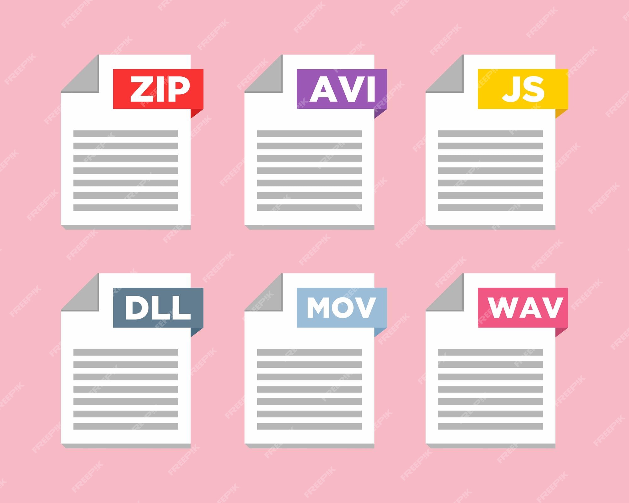 File type icons. Format and extension of documents. Set of pdf, doc, excel,  png, jpg, psd, gif, csv, xls, ppt, html, txt and others. Icons for download  on computer. Graphic templates for