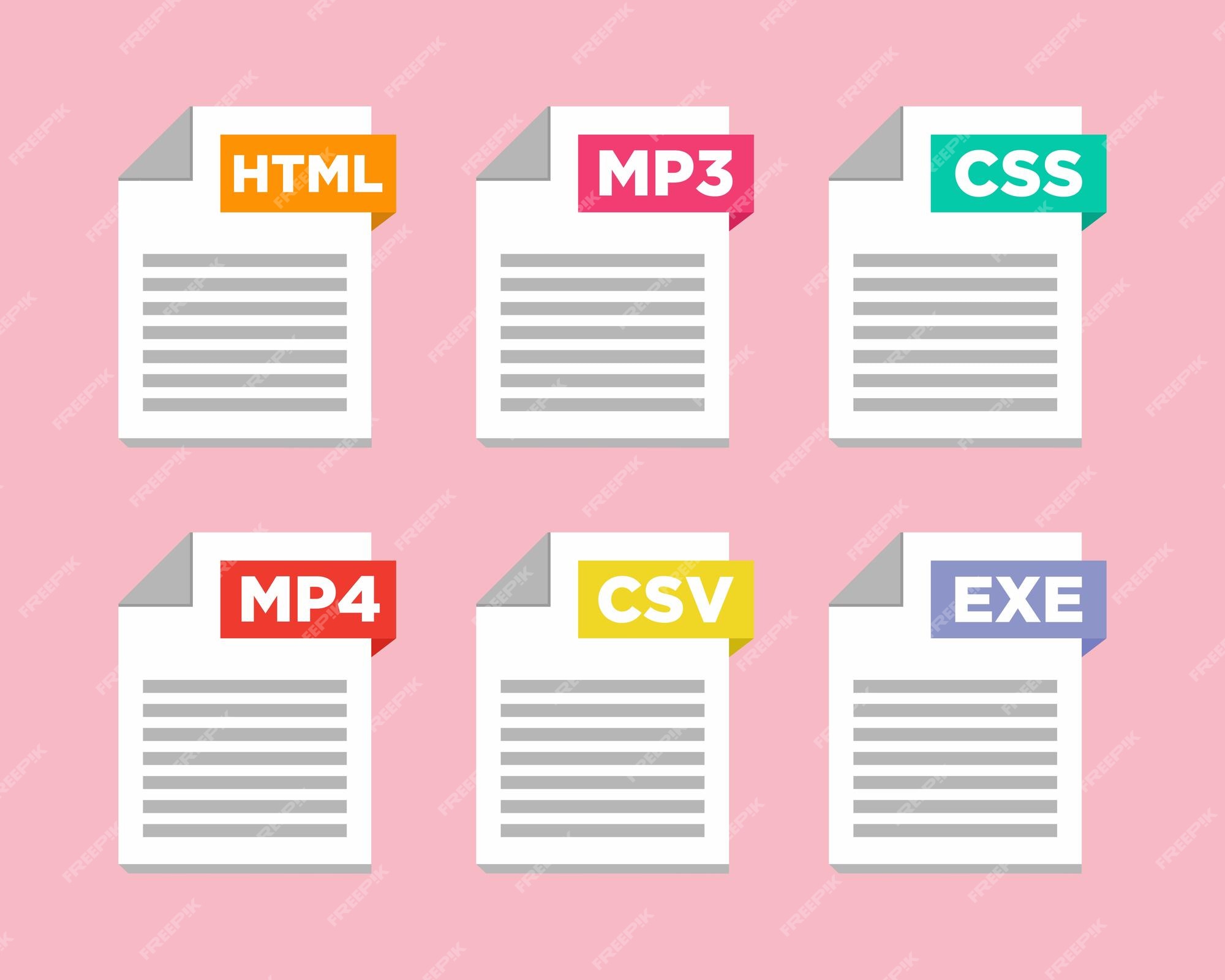 File type icons. Format and extension of documents. Set of pdf, doc, excel,  png, jpg, psd, gif, csv, xls, ppt, html, txt and others. Icons for download  on computer. Graphic templates for