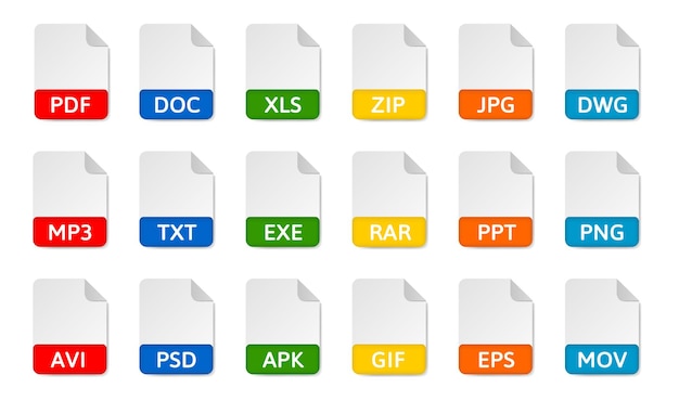 Vettore icone di tipo di file pdf doc e xls formati di documento mp3 txt exe rar e gif