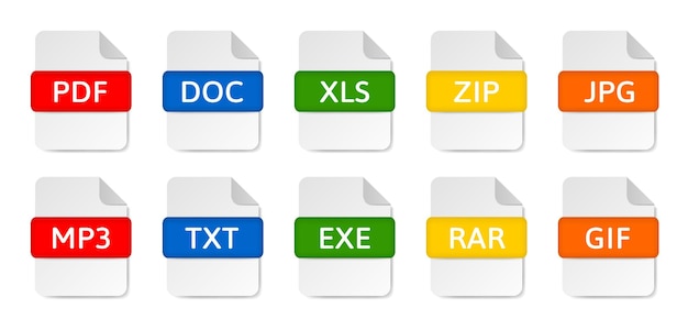 Vettore tipo di file icone pdf doc e xls formati di documento zip e estensione di file jpg mp3 txt exe rar file gif