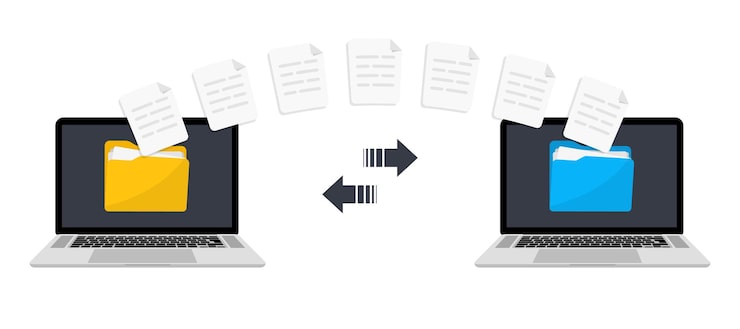 Vector files transfer. transfer file of data between devices. transmission of documents between two computer. backup of information. exchange data. send of document. data encryption, protected connection