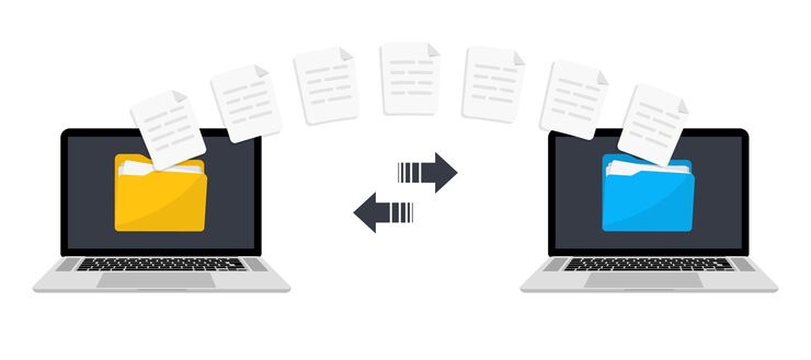 Vector files transfer. transfer file of data between devices. transmission of documents between two computer. backup of information. exchange data. send of document. data encryption, protected connection