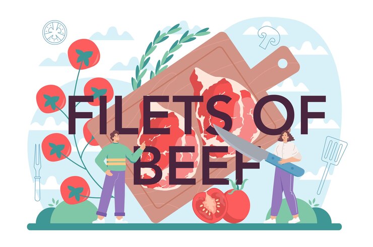 Vector filets of beef typographic header. people cooking tasty grilled meat on the plate. delicious barbecue steak. roasted restaurant meal. isolated vector illustration in cartoon style