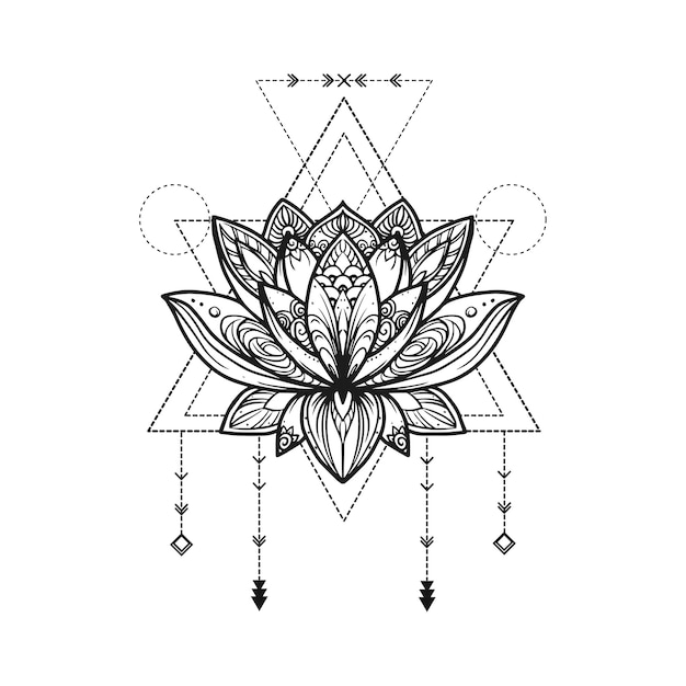 Filigree lotus flower vector handdrawn illustration on secred geometry sign