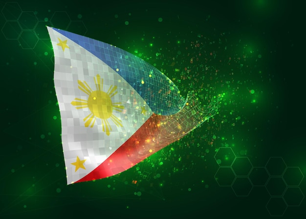 Filipijnen op vector 3D-vlag op groene achtergrond met veelhoeken en gegevensnummers