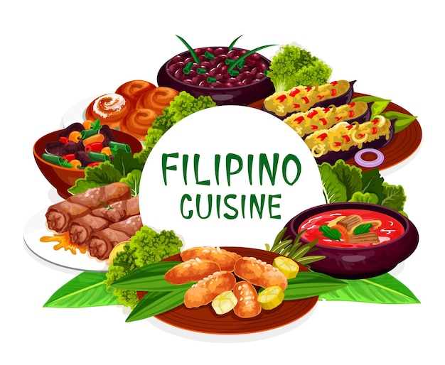 Vector filipino cuisine dishes round frame