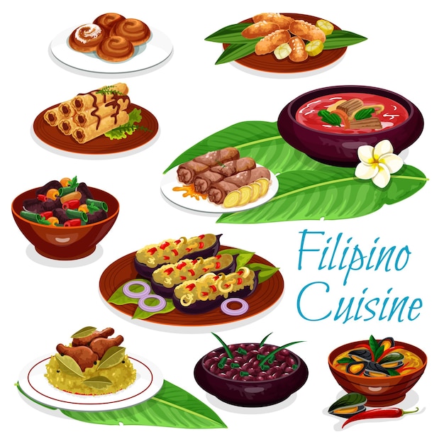 Vector filipino dishes with meat seafood fruit pastry