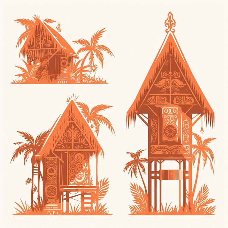 Vector filipino nipa hut patterns with traditional house elements