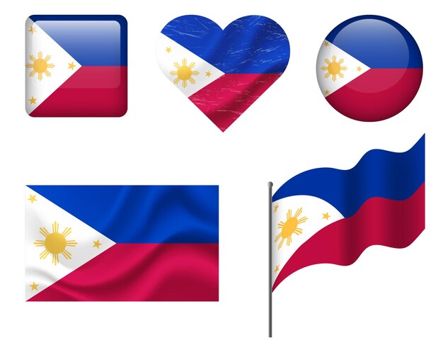 Filippijnse vlag set van iconen Vector vlag van de Filippijnen Set van Filippijnen vlaggen knop zwaaide hart