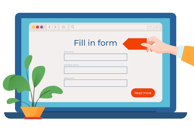 Fill in form online vector illustration flat computer with web survey list worker hand hold red card near laptop screen house plant decor