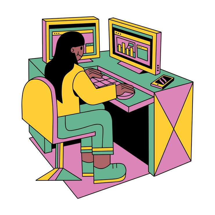 Vector fill lined women professional working finance technology