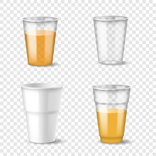 벡터 채워진 빈 일회용 플라스틱 컵 세트. 차갑고 뜨거운 음료 템플릿을 위한 현실적인 컨테이너