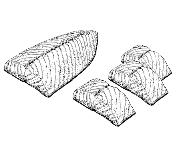 생선 필렛 스케치 잉크 손 그리기 신선한 생선 제품 생선용 새겨진 스타일 빈티지 해산물