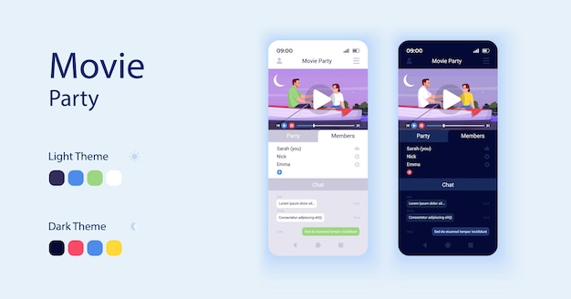 Film app cartoon smartphone interface vector templates set. mobile app screen page day and dark mode design. watching movies together ui for application. phone display with flat character