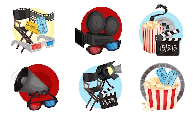 Vector film and cinema industry attributes and symbols with popcorn and 3d glasses vector set