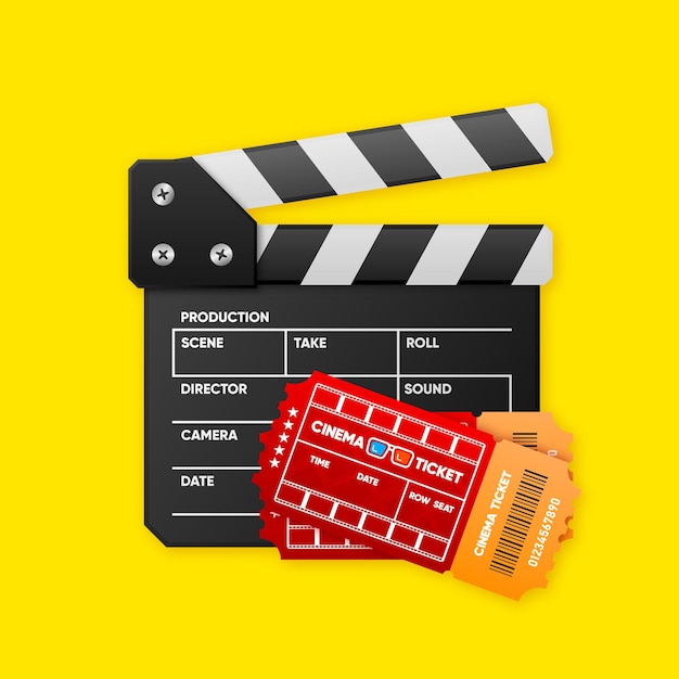 Film clapper bord en bioscoop kaartjes bioscoop clapper voor bioscoop Platte ontwerp stijl Vector illustratie