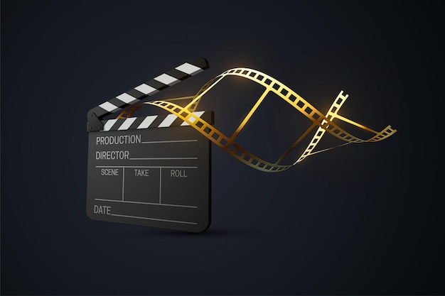 Film clapperboard with curled golden filmstrip