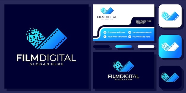 Film digital technology cinema movie connect connection pixel vector logo design with business card