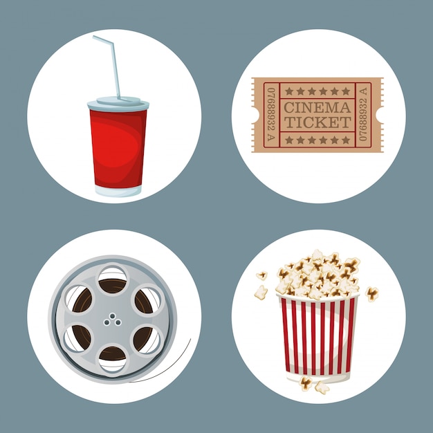Vector film elements in frames drinks ticket movie film reel and popcorn