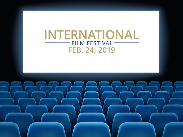 Vector film festival. movie theater hall with white screen. cinema international festival