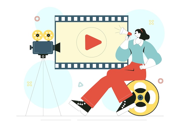영화 축제 터 일러스트레이션 - 카메라와 필름 스트립으로 스튜디오에서 영화와 영화를 촬영하는 과정