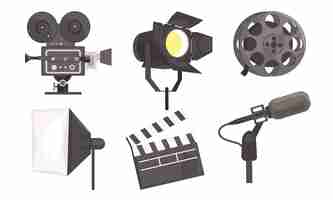 Vector film industry equpment set film reel camera searchlight clapperboard microphone vector illustration