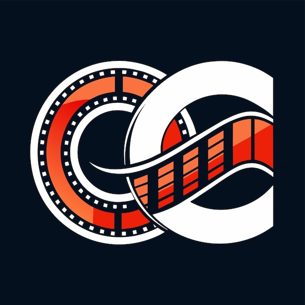 Vector film logo design with intertwined cinema film strips and letter c representing a film company brand cinema film strips combine with letter c logo design