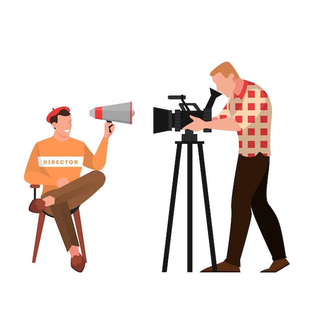 Vector film and movie director sitting on the chair and speaking through the megaphone. creative occupation, producer in cinema studio and cameraman.   illustration in  style