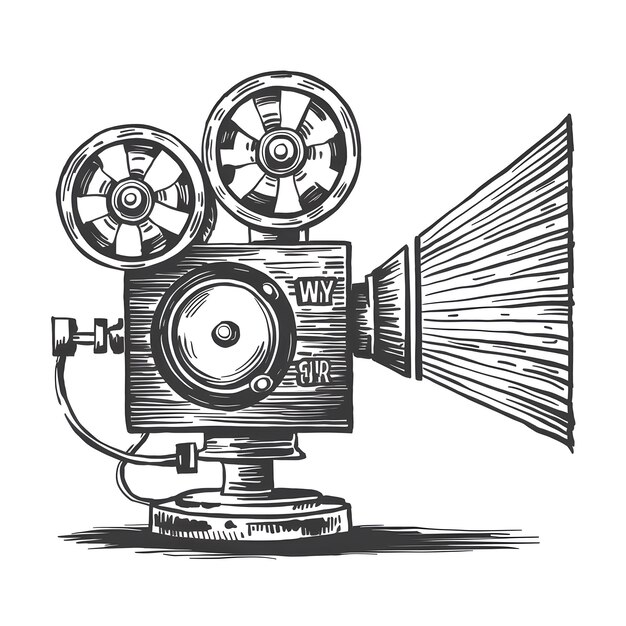 Vettore proiettore cinematografico in stile inciso disegno a inchiostro illustrazione vettoriale in bianco e nero