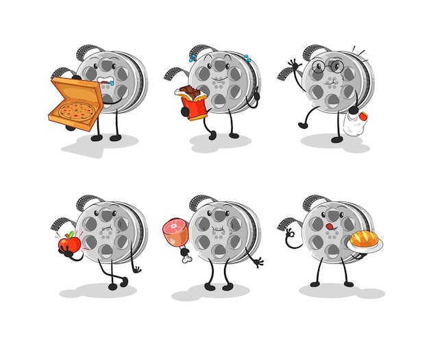 Film reel food set character cartoon mascot vector