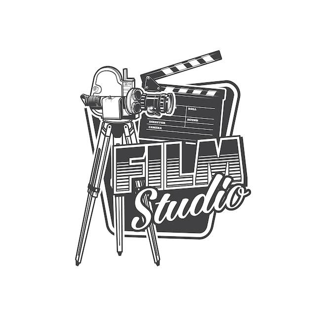 Film studio icon retro camera and clapperboard
