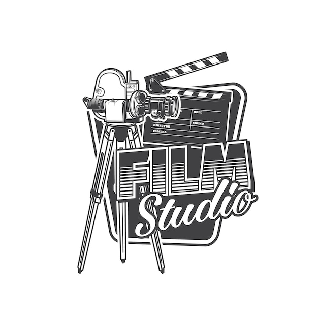 Vector film studio icon retro camera and clapperboard