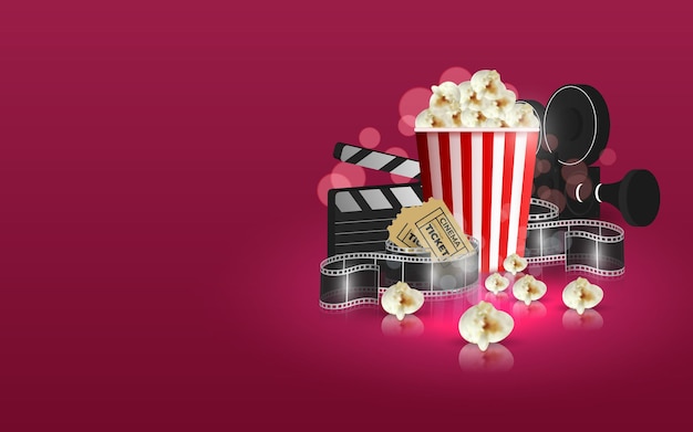 Film tijd illustratie. Samenstelling met popcorn, filmklapper, 3d bril en filmstrip.