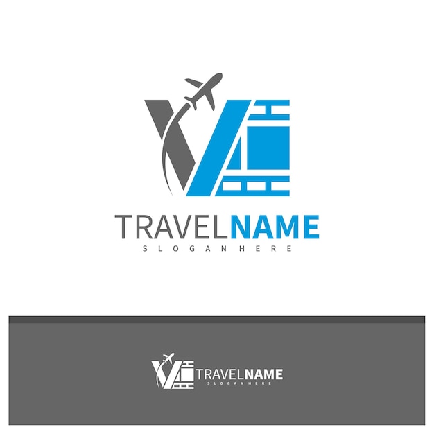 Film vliegtuig met letter V logo ontwerp vector Creative Travel logo concepten sjabloon illustratie