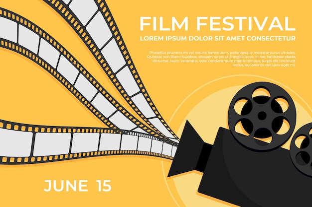 Filmfestival banner sjabloonontwerp met filmcamera die filmstrips toont