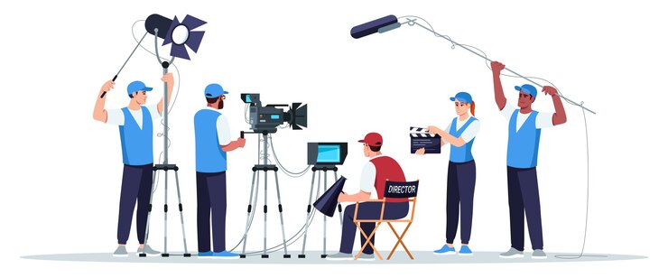 Vector filming crew semi  rgb color  . director watching on screen. cameraman with equipment. sound technicians. movie creation team    