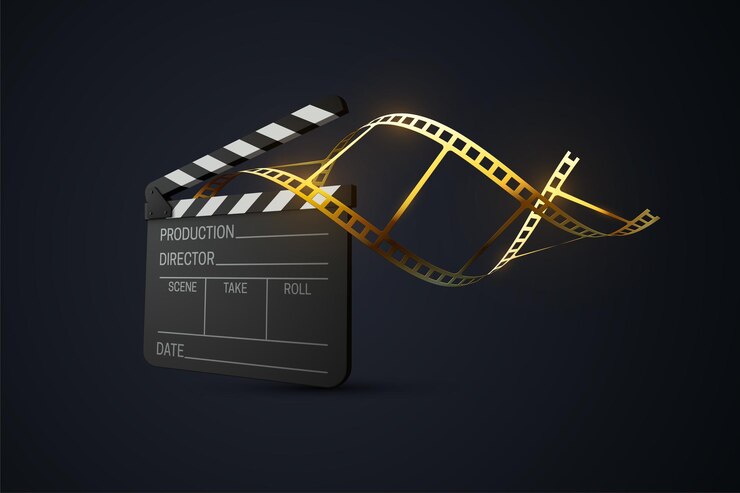 Filmklapper met gekrulde gouden filmstrip