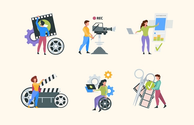 Filmmaking characters People shooting photo videography production filming media content video tv advertisment garish vector illustrations in flat style