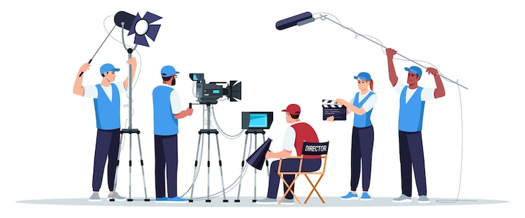 Vector filmploeg semi-rgb-kleur. regisseur kijkt op het scherm. cameraman met apparatuur. geluidstechnici. team voor het maken van films
