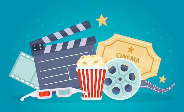 Filmposter met filmrol, dakspaan, popcorn en kaartjes. banner voor films kijken met 3d-bril. cartoon bioscoop theater vector concept