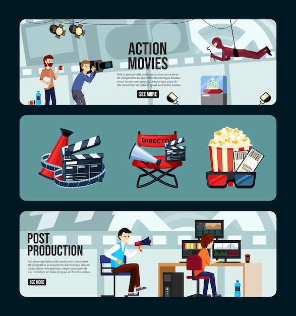 Filmproductie duig camera filmen personen vector entertainment banners collectie