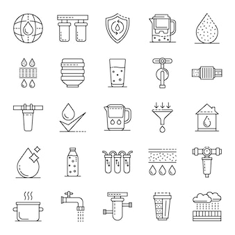 Set di icone di acqua di filtro. insieme del profilo delle icone di vettore dell'acqua del filtro